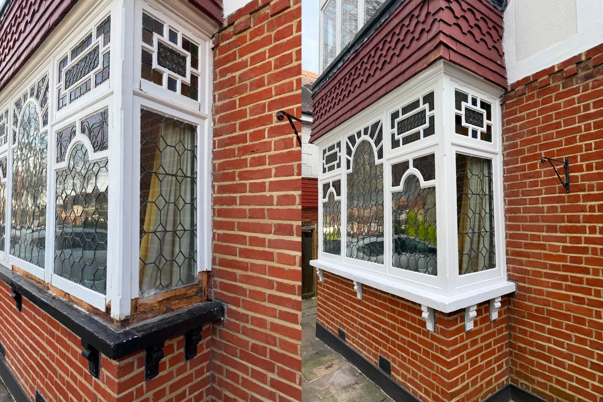 Two views of a bay window with decorative stained glass panes and white wooden frame set in a red brick wall. The left side highlights timber damage at the base, ideal for Sash Window Repair South London experts to restore.